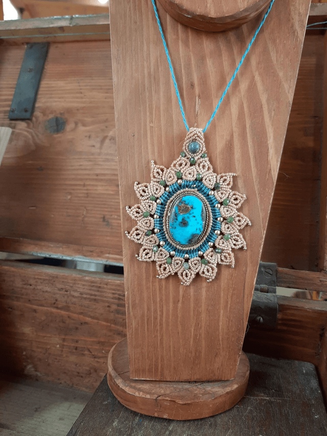 Collier macramé pierre naturelle turquoise – Perles facettes vertes